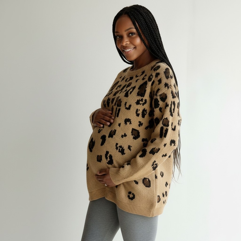 Isabel Maternity Ingrid & Isabel Leopard Print Sweater XXL Tan Brown Animal Knit